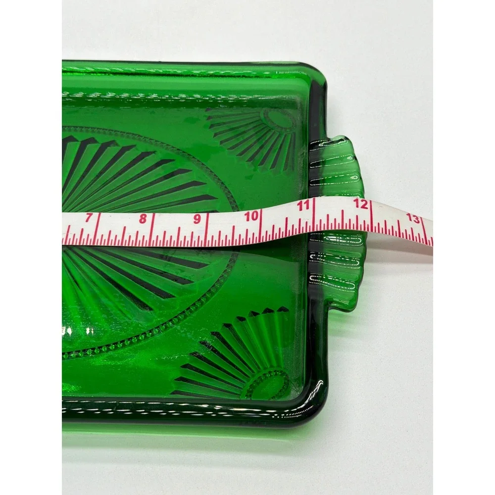 Vintage Emerald Green Depression Glass Sunburst Fan Tray Art Deco Tab Handles